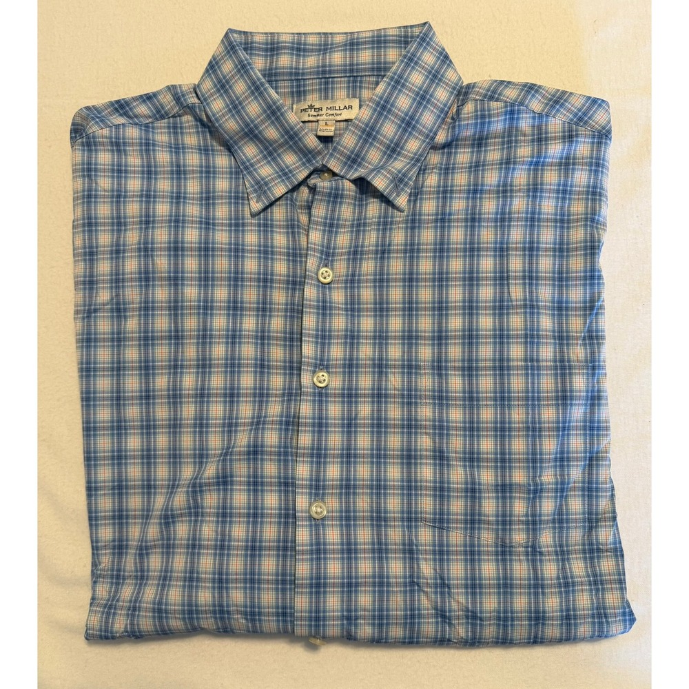 Peter Millar Summer Comfort Mens Large Blue Orange Plaid Performance Shirt L/S